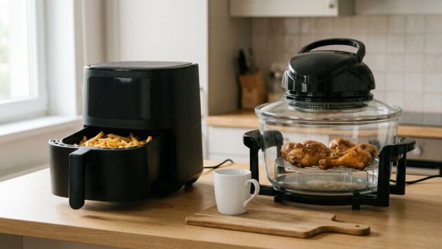 Аэрофритюрница с выдвинутой чашей картофеля фри и аэрогриль-колба с курицей на кухонной столешнице