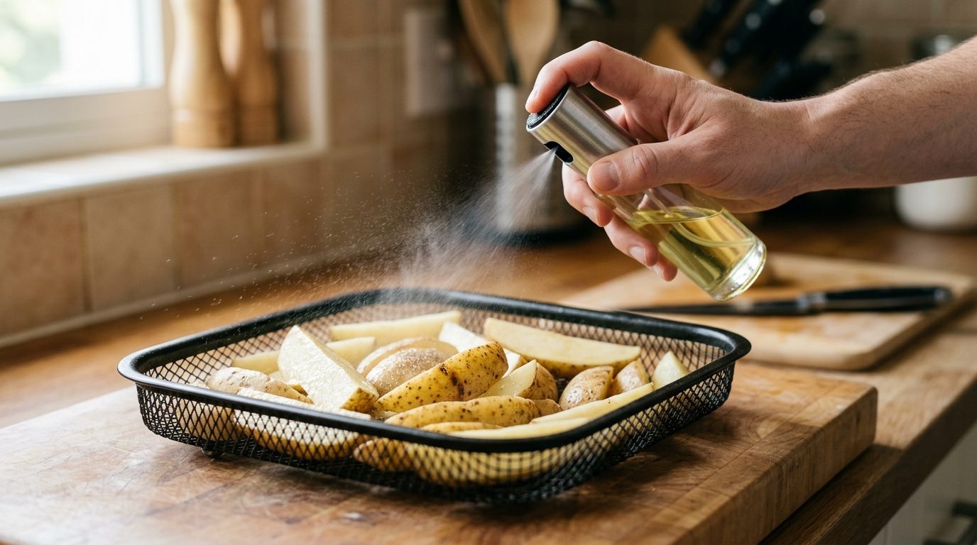 Распыление тонкого слоя масла на дольки картофеля в корзине аэрогриля