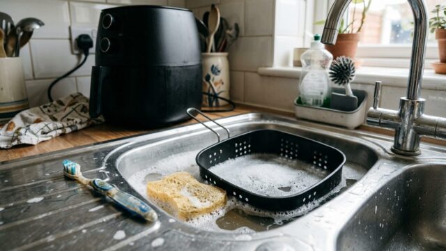Корзина аэрогриля отмокает в раковине с мыльной водой, рядом губка и щётка