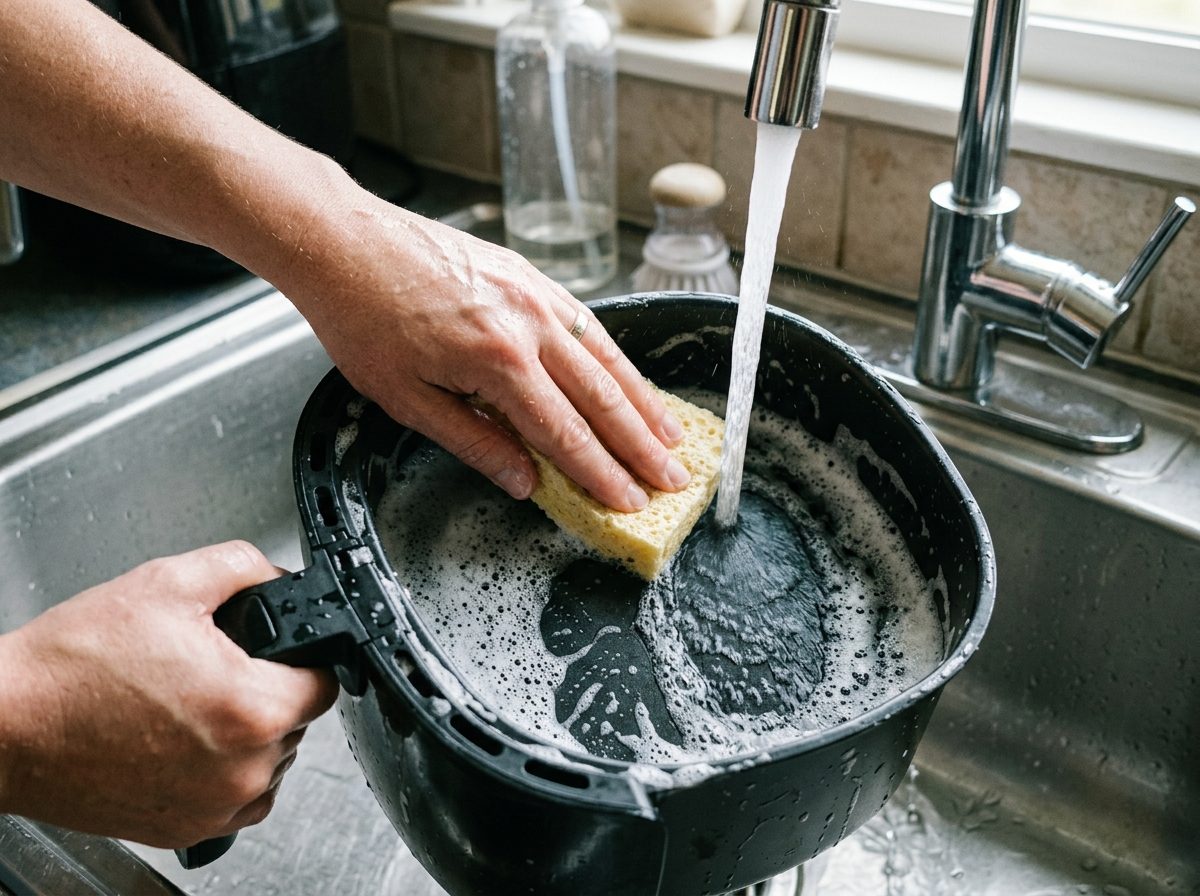 Мытьё корзины аэрогриля мягкой стороной губки под проточной водой