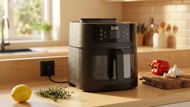 Аэрогриль CaseGuru Жароваров на деревянной столешнице кухни рядом с овощами и доской