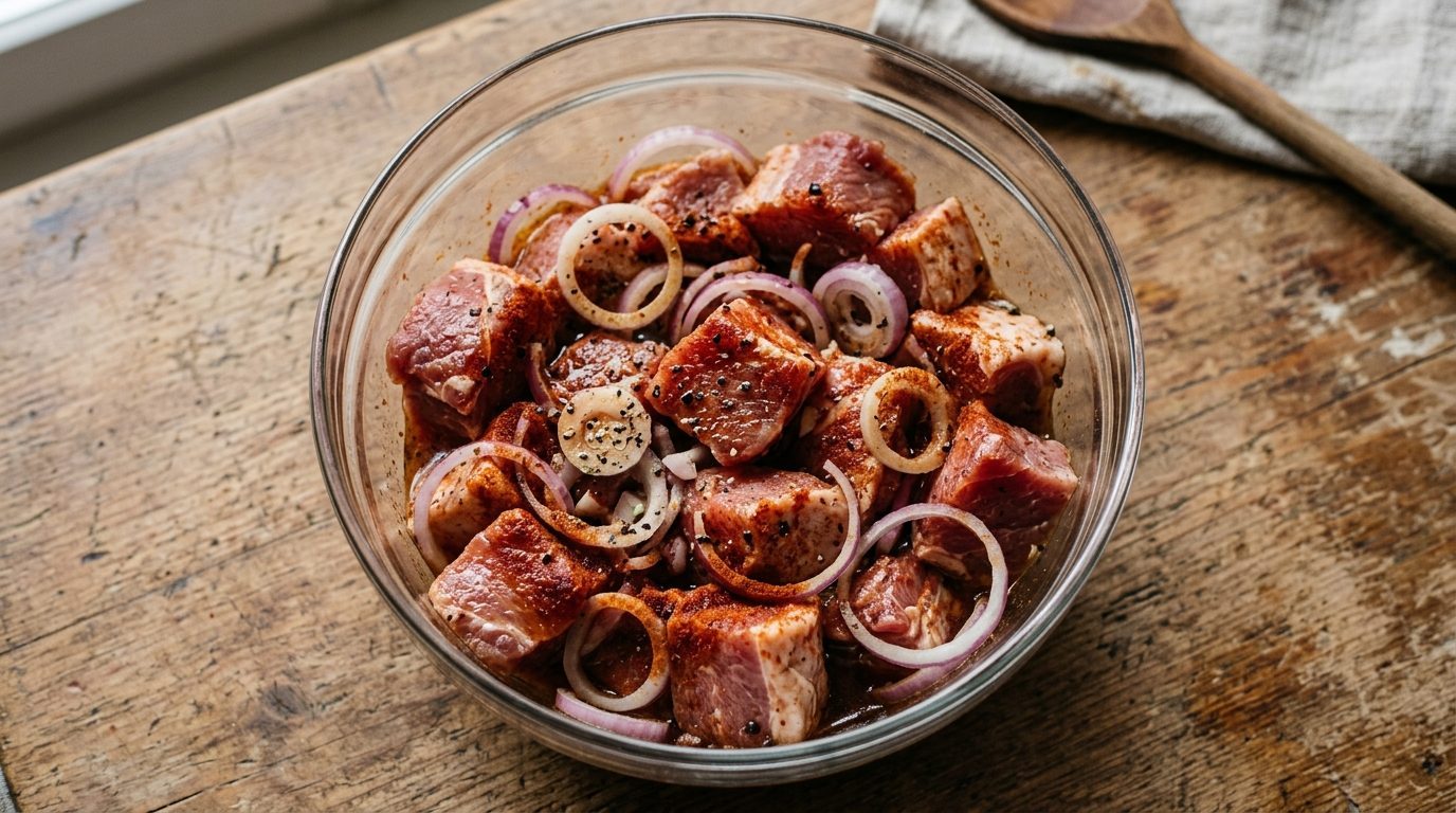 Свинина кубиками 3–4 см маринуется с луком и специями в стеклянной миске