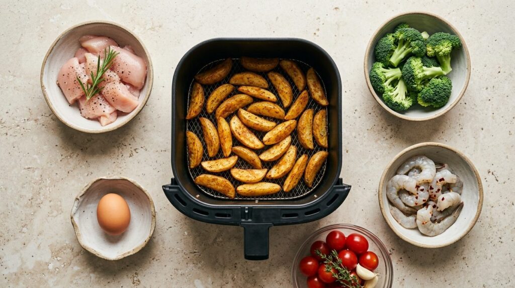 Корзина аэрогриля с картофелем и миски с курицей, брокколи, креветками и яйцом вокруг