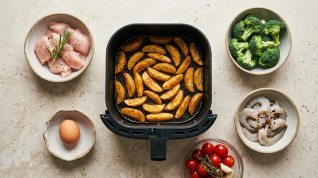 Корзина аэрогриля с картофелем и миски с курицей, брокколи, креветками и яйцом вокруг