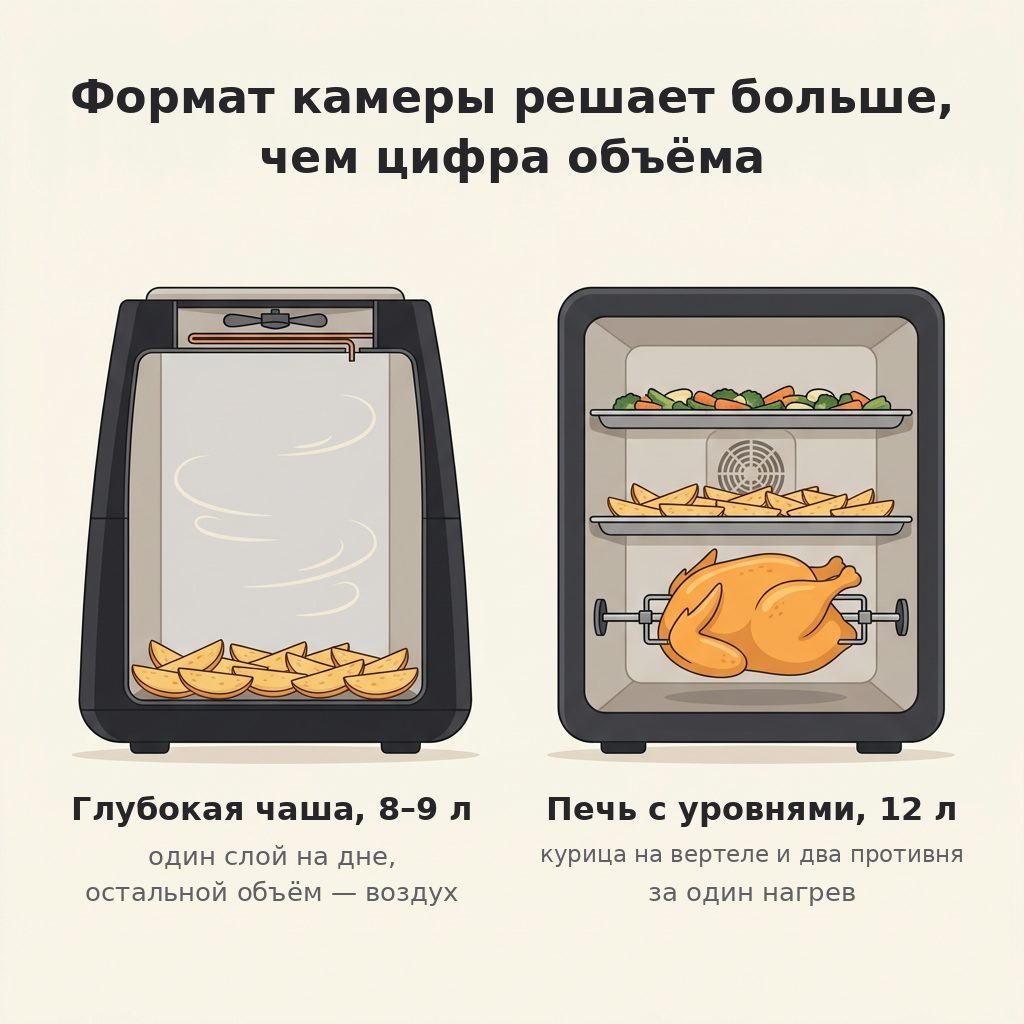 Схема: в глубокой чаше 8–9 л один слой на дне, в печи на 12 л три уровня — курица на вертеле и два противня