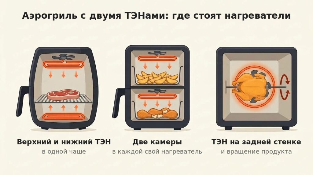 Аэрогриль с двумя ТЭНами: три схемы расположения нагревателей — в одной чаше, в двух камерах и на задней стенке