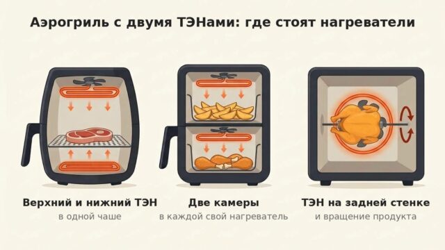 Аэрогриль с двумя ТЭНами: три схемы расположения нагревателей — в одной чаше, в двух камерах и на задней стенке