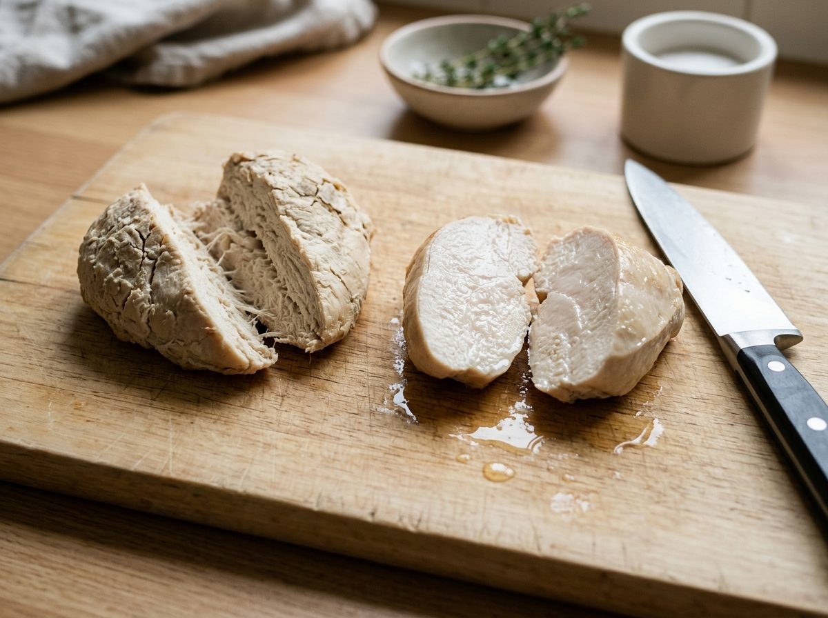 Две разрезанные куриные грудки на доске: слева пересушенная с волокнами, справа сочная с соком